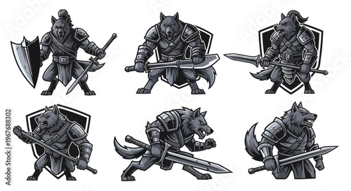 Werewolf warrior fantasy characters set, black and white vector art