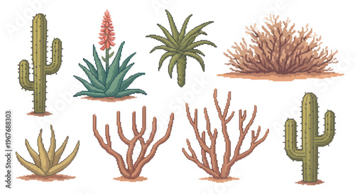 Pixel Art Desert Plants Set Saguaro Cactus Aloe Succulent Retro Game Asset Nature Illustration