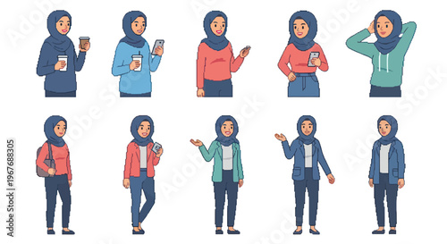 Flat vector Muslim woman hijab character set for business and casual lifestyle illustration.