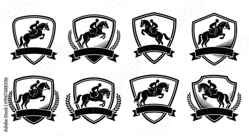 Equestrian Show Jumping Shields Badges Black and White Vector Art