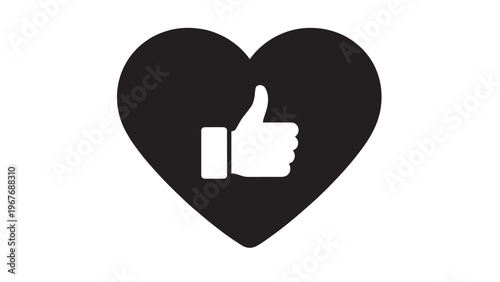 Black heart with thumbs up symbol representing approval or like gesture.