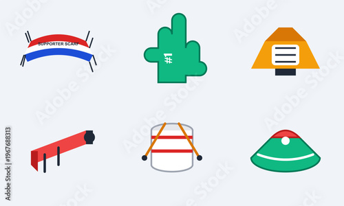 Hand-drawn collection of sports fan stadium equipment including scarf foam finger megaphone drum hat and horn authentic illustration