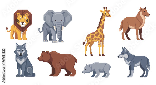 Flat Vector Wildlife Animals Collection: Lion, Elephant, Giraffe, Brown Bear, Wolf, Dhole, Cub