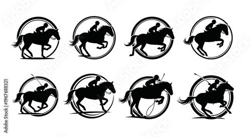 Horse Racing Silhouette Icons Set, Jockey Horse Running Vector Graphics
