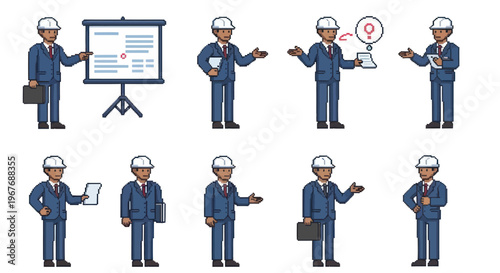 Pixel Art Construction Engineer Character Set with Hard Hat, Briefcase  Presentation Board