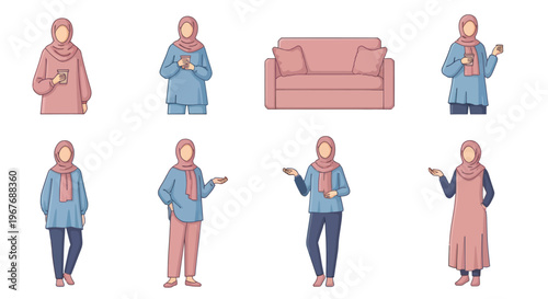 Diverse Muslim Women Lifestyle Flat Vector Illustration Set with Hijabs, Cups  Sofa