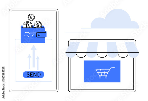 Digital transactions, e-commerce, mobile payments, online shopping, financial technology, retail. Wallet with coins and send button next to an online store graphic. Digital transactions