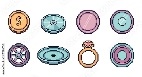 Gaming UI Pixel Art Icon Set Circular Objects Coin Ring Wheel Disc