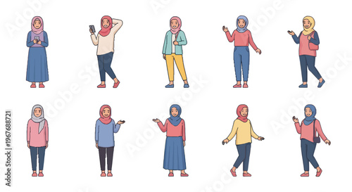 Diverse Muslim Women in Hijabs Flat Illustration Set for Lifestyle and People Vector