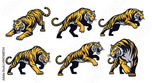 Dynamic tiger mascot vector illustration set, wild cat in attacking, jumping, and roaring poses