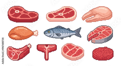 Pixel Art Meat, Fish, and Poultry Food Icon Set