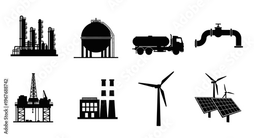 Industrial Icons Set: Oil Rig, Refinery, Wind Turbine, Solar Panel, Truck, Gas Tank