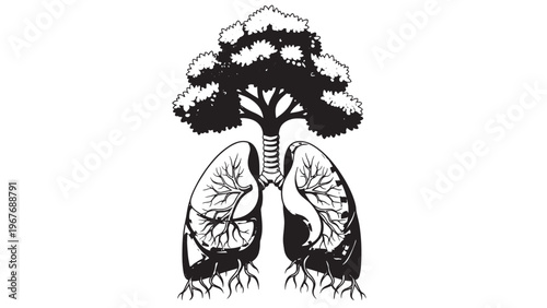Artistic Illustration of Tree Roots and Lung Anatomy Merging in Black and White.