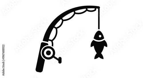 Minimalist vector graphic illustration of a fishing rod holding a newly caught fish, representing outdoor sports, recreational activities, and successful angling hobby designs.
