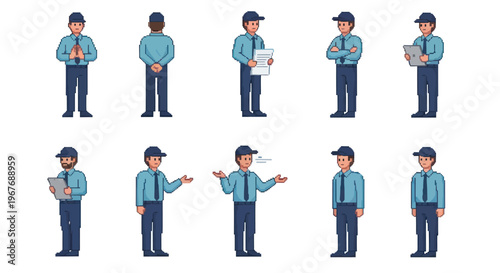 Pixel art delivery courier worker character sprite sheet holding clipboard tablet in uniform