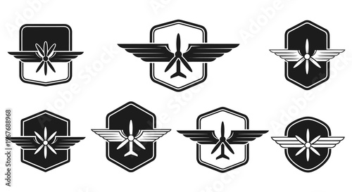 Vintage Aviation Emblems with Propeller and Wings. Vector Logo Set.