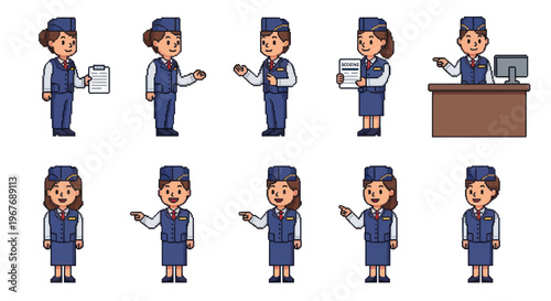 Diverse Flight Attendants Poses, Vector Illustration, Airline Staff