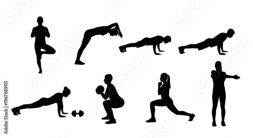 Fitness Exercise and Yoga Pose Silhouette Vector Set