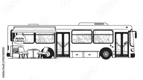 Black and White Illustration of a City Bus with Advertising on Side.
