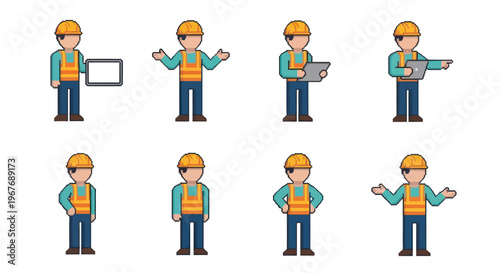 Flat Pixel Art Construction Worker Character Poses Vector Set