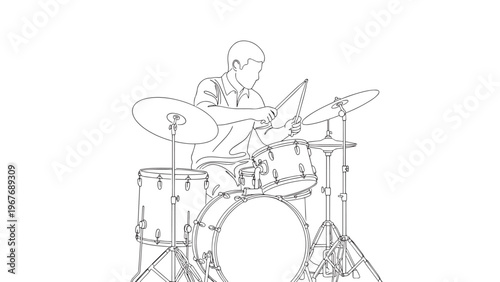 Minimalist Line Drawing of a Person Playing Drums in a Band Setting.