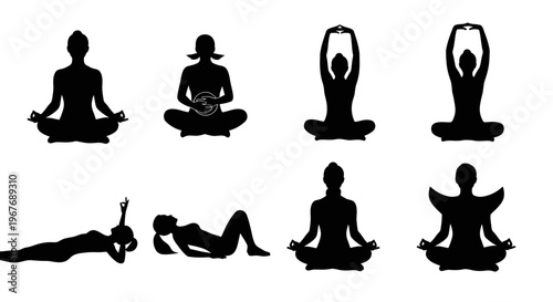 Yoga  Meditation Poses Silhouettes for Health, Wellness, Fitness Vector Icons