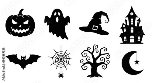 Halloween Black and White Silhouettes of Pumpkin, Ghost, Witch Hat, House, Bat, Cobweb, Tree, Moon