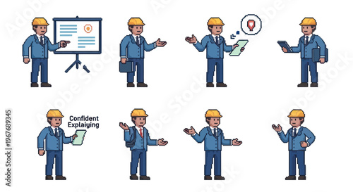 Pixel Art Engineer Explaining  Presenting - Construction Business Professional Character
