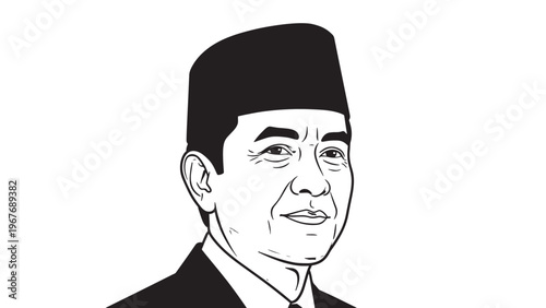 Black and White Portrait of a Man Wearing Traditional Hat and Formal Attire.