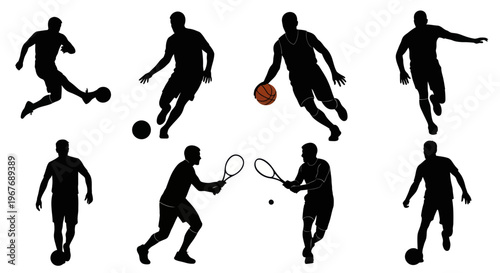Sports industry vector silhouette collection of male athletes playing soccer basketball and tennis
