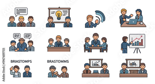 Business Meeting Icons: Teamwork, Presentation, Collaboration, Technology, Flat Design