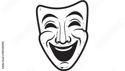 Black and White Comedy Mask Illustration Representing Theatrical Performance.
