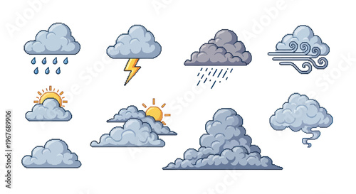 Weather Forecast Pixel Art Icons Set with Clouds, Sun, Rain, Lightning, Wind Symbols