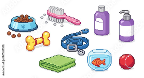 Pixel Art Isometric Pet Care Supplies Set: Food, Grooming, Leash, Toys for Animals