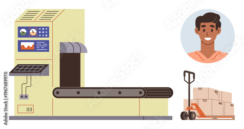 Manufacturing, production process, logistics, packaging, industrial operations, inventory management. Conveyor belt machine with monitor, pallet truck and smiling worker. Manufacturing and logistics