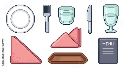 Food industry restaurant tableware dining set objects in retro pixel art style
