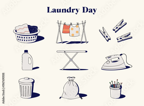 An editable svg set of isolated laundry day icons on white background including clothes, ironing board, iron, basket, and detergent in a minimal flat vector 3x3 grid layout