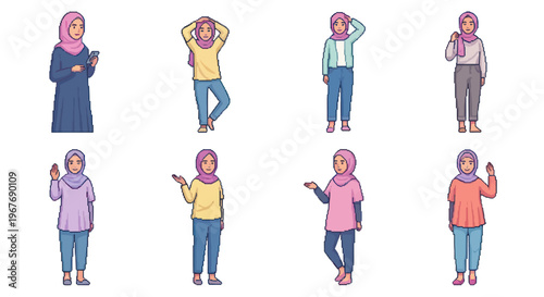 Muslim Women in Hijab Vector Illustrations - Diverse Poses, Flat Design