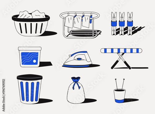 Editable isolated laundry icons on white background including basket, ironing board, iron, and trash can in svg format for easy customization