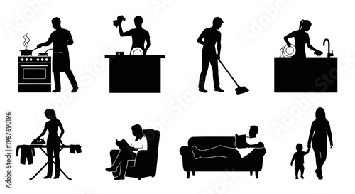 Black silhouette vector set of people doing household chores, cleaning, cooking  relaxing at home
