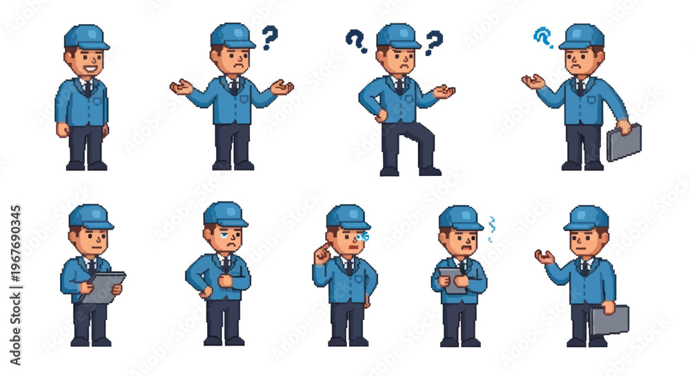Fototapeta premium Delivery Man Character Poses, Flat Pixel Art Style