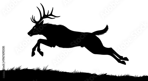 Dynamic Wildlife Deer Silhouette Vector Illustration - Jumping Buck Stag Black and White