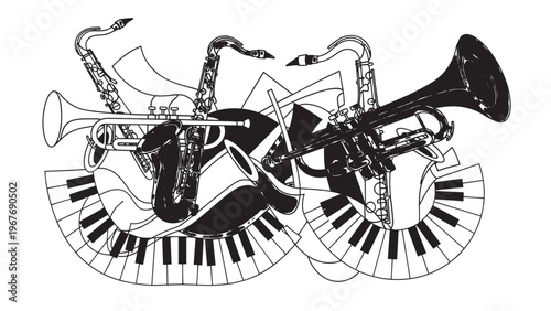 Creative musical instruments and keyboard artwork arrangement for artistic expression.