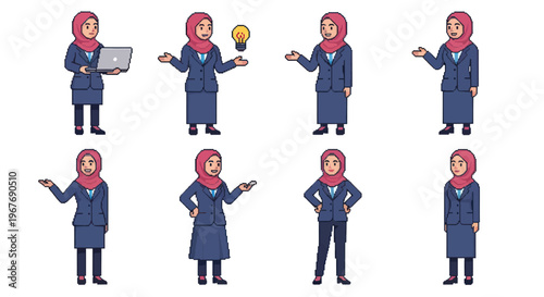 Businesswoman wearing hijab in various poses, flat design, vector art