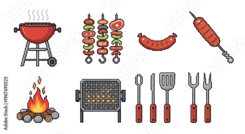 Pixel Art BBQ Icons: Grill, Fire, Skewers, Sausage, Utensils Set