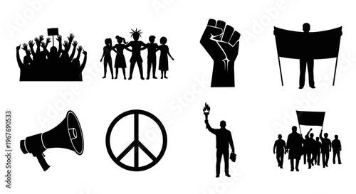 Protest Icons: Fist, Banner, Torch, Crowd, Peace, Megaphone