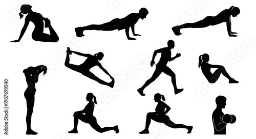 Fitness  Health Exercise Silhouettes: People Working Out, Stretching, Running Vector