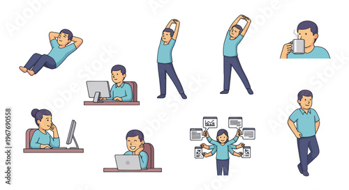 Flat Illustration of Business People: Office Work, Wellness Breaks  Multitasking Activities