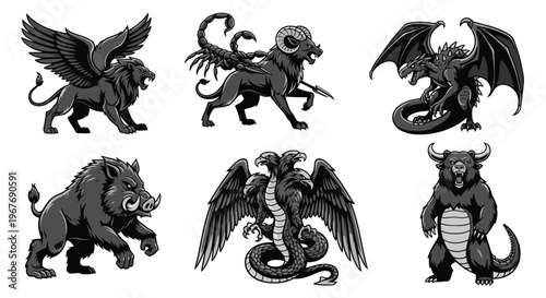 Black and white vector set of fantasy mythical creatures for gaming mascots or tattoos