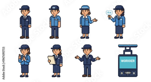 Pixel Art Business Service Staff Characters and WORKKER Device Illustrations